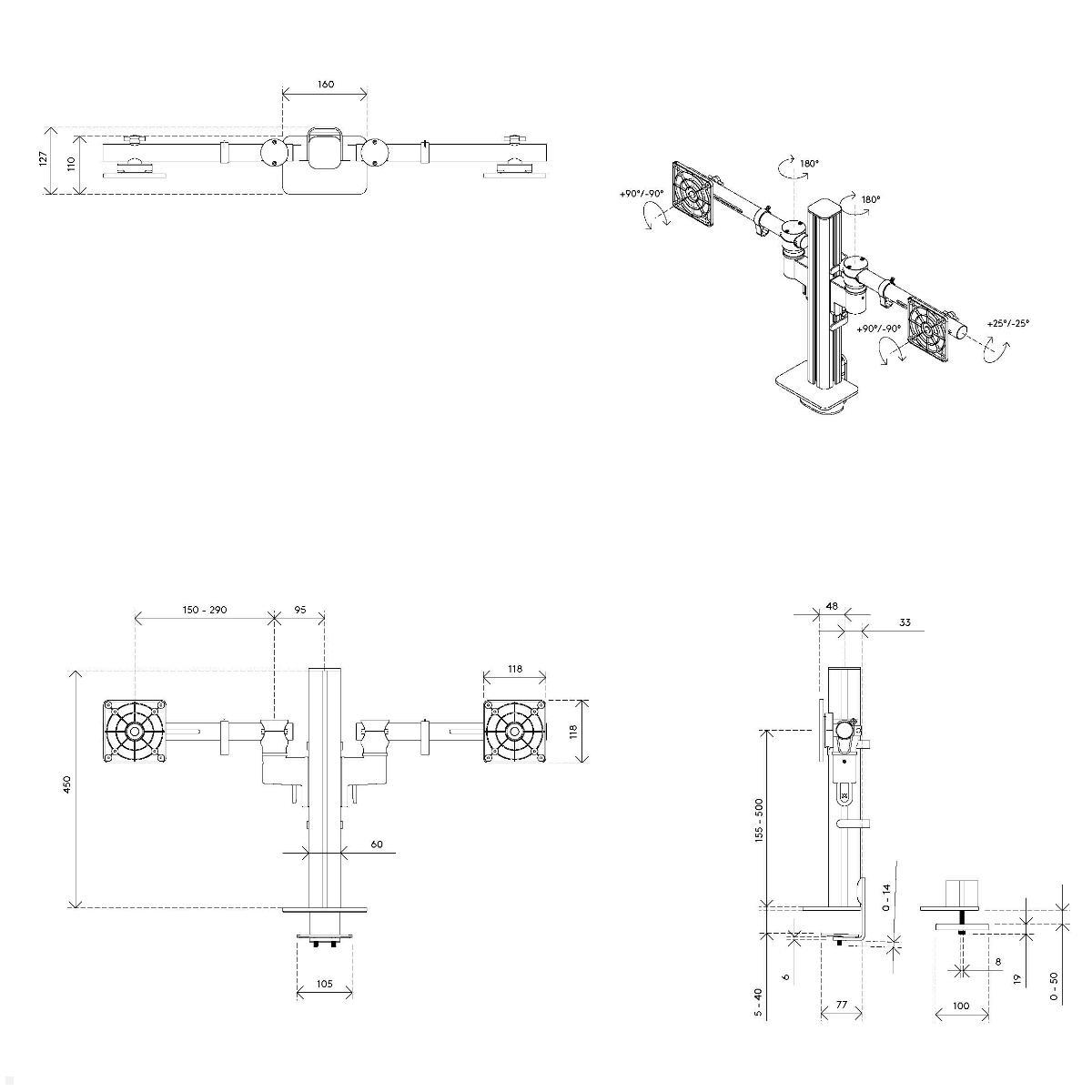 Dataflex Viewgo modular Monitorhalterung für 2 Monitore bis 32 Zoll, Maße