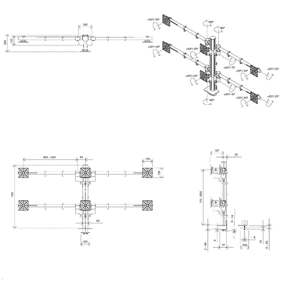 Dataflex Viewgo modular Monitorhalterung für 6 Monitore bis 32 Zoll, Maße