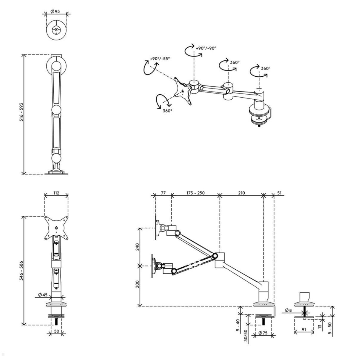Dataflex Viewlite Plus Monitor Tischhalterung, weiß (58.620), technische Zeichnung Dataflex Viewlite Plus Monitor Tischhalterung, weiß (58.620), technische Zeichnung