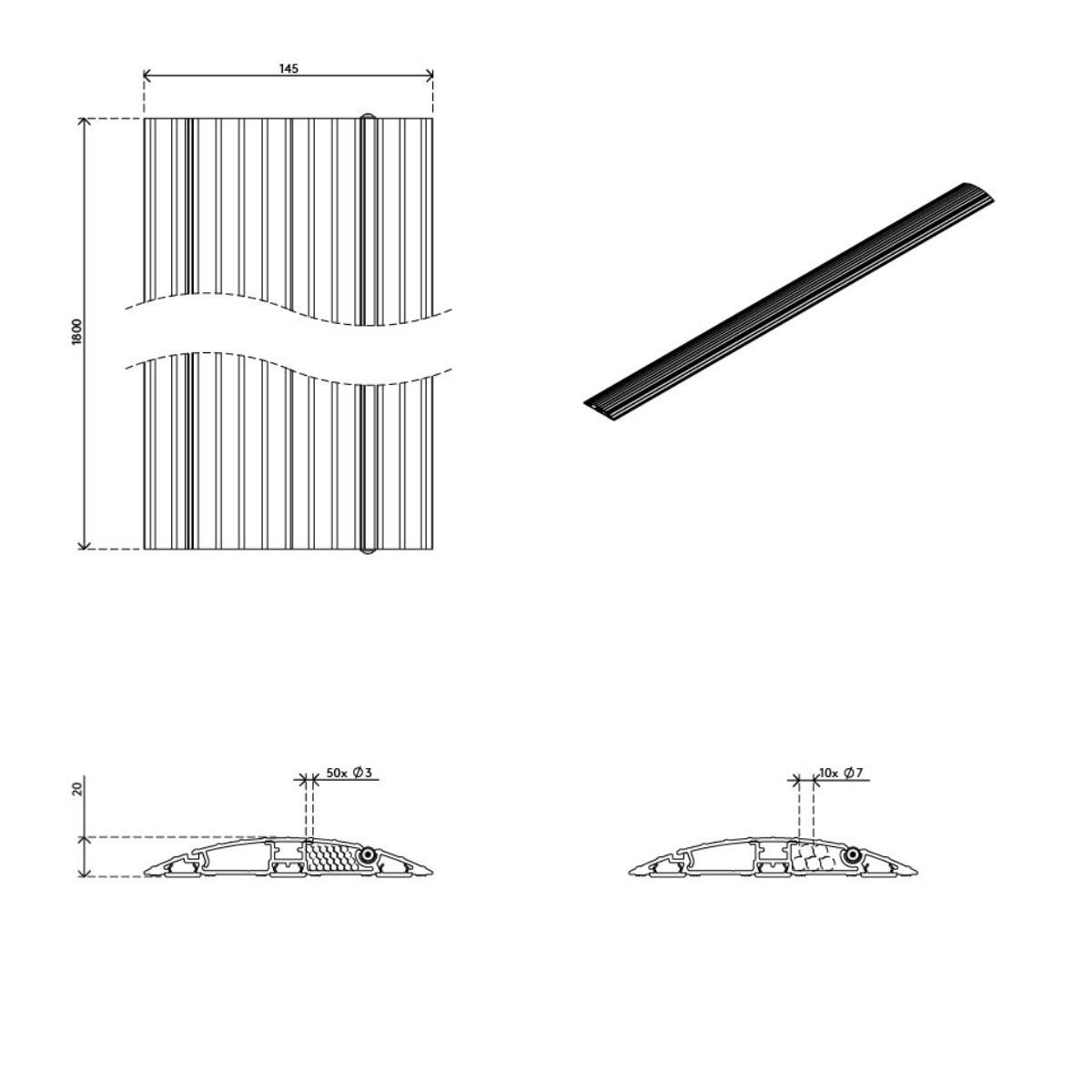 Dataflex Addit Kabelbrücke aufklappbar gerade 180 cm (31.433), Skizze