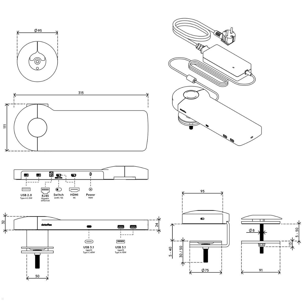 Dataflex Viewlite Link USB-C Dockingstation Tischklemme, weiß (58.810), technische Zeichnung