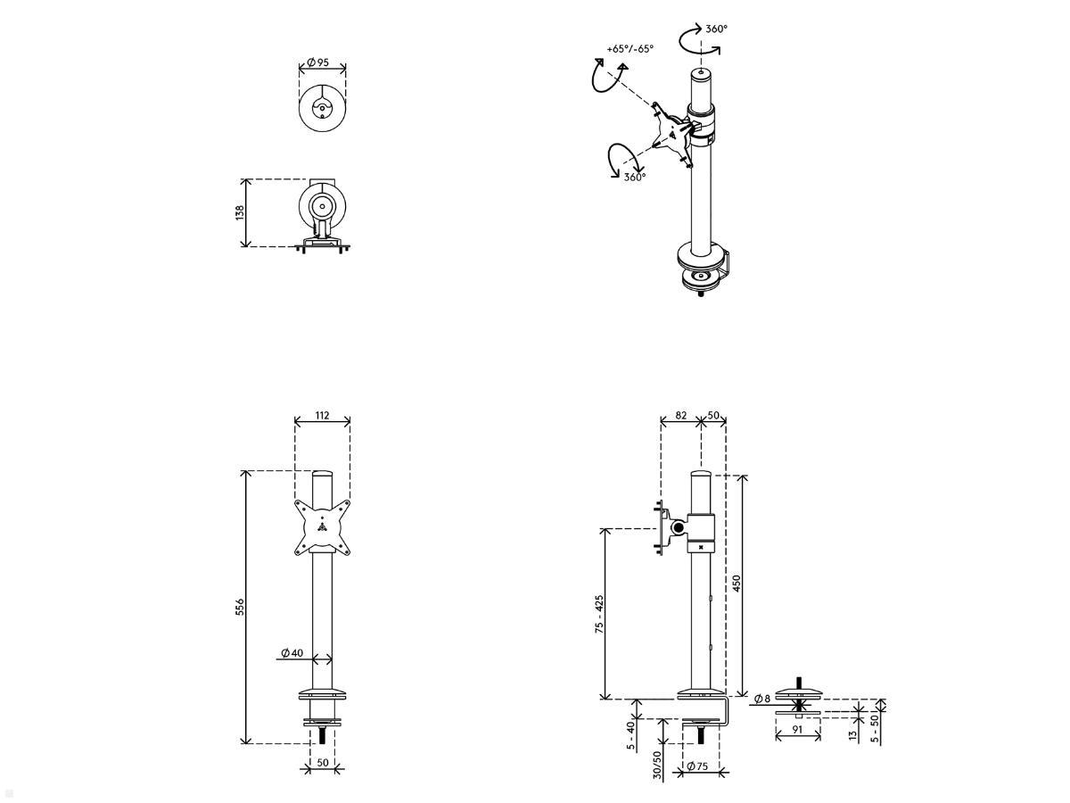 Dataflex Viewlite Monitorhalterung Tisch (58.100), weiß, technische Zeichnung Dataflex Viewlite Monitorhalterung Tisch (58.100), weiß, technische Zeichnung
