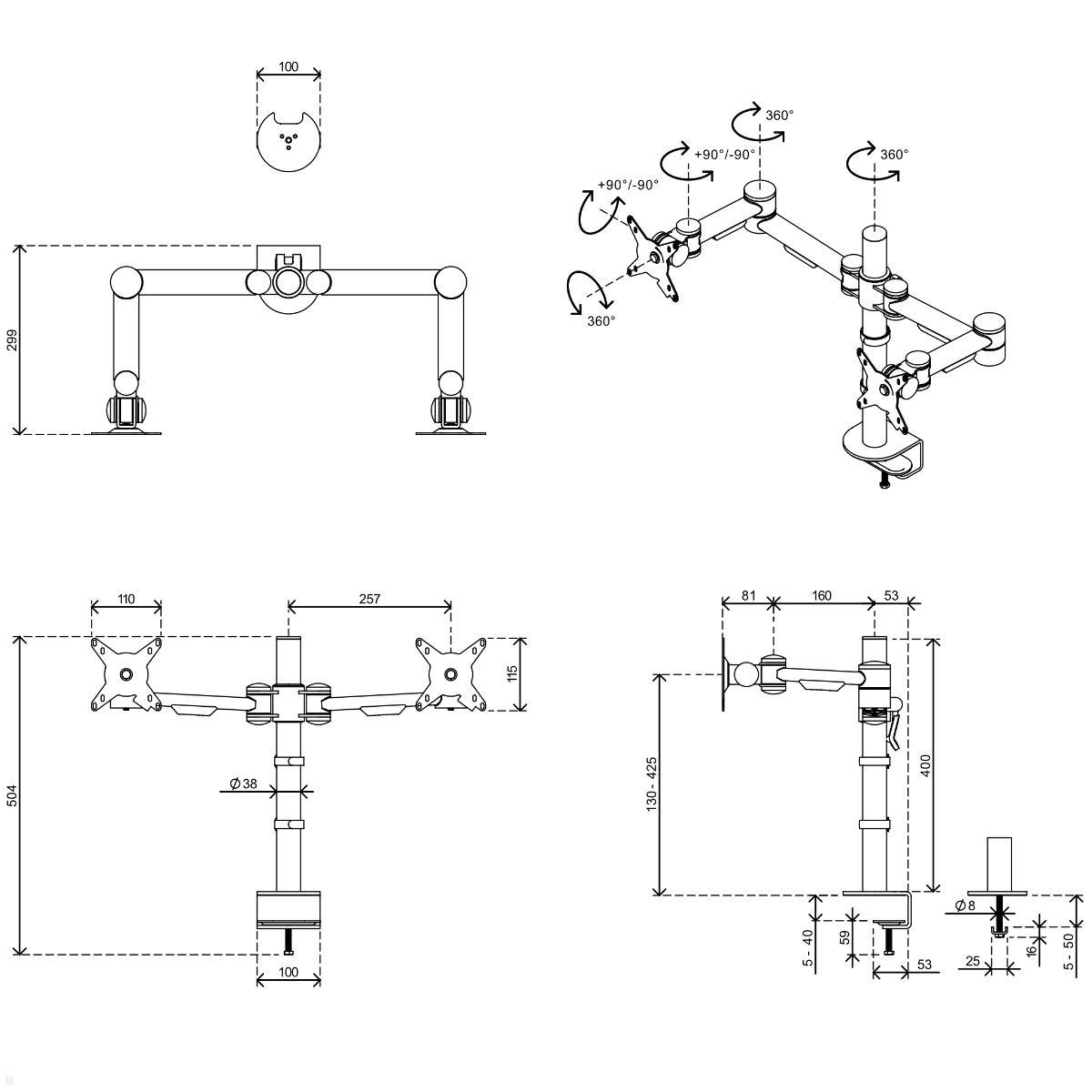 Dataflex Viewmate Monitorhalterung für 2 Monitore (52.633), schwarz, technische Zeichnung Dataflex Viewmate Monitorhalterung für 2 Monitore (52.633), schwarz, technische Zeichnung